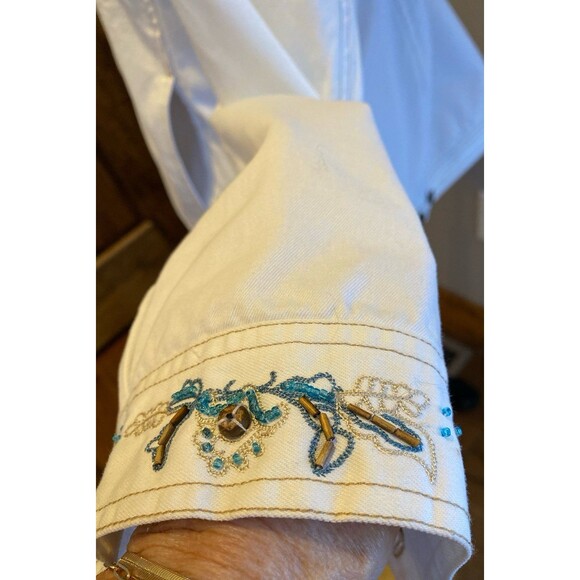 Denim & Co Jean Jacket Womens White Plus Size XL Western Beadwork Pockets - Picture 9 of 12